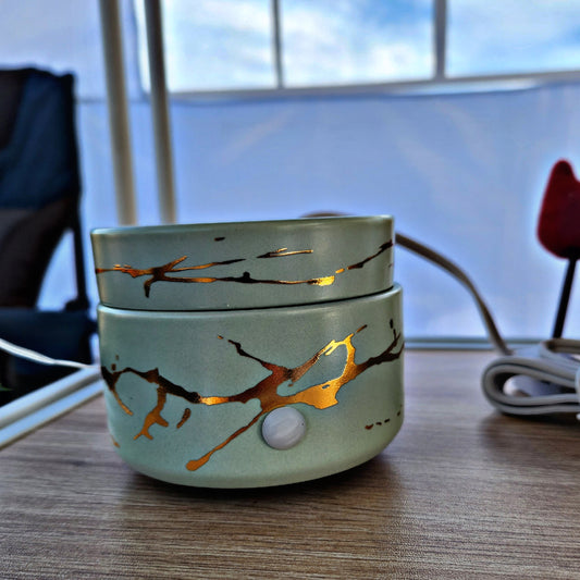 2-n-1 Light Green & Gold Marble Candle & Wax Warmer